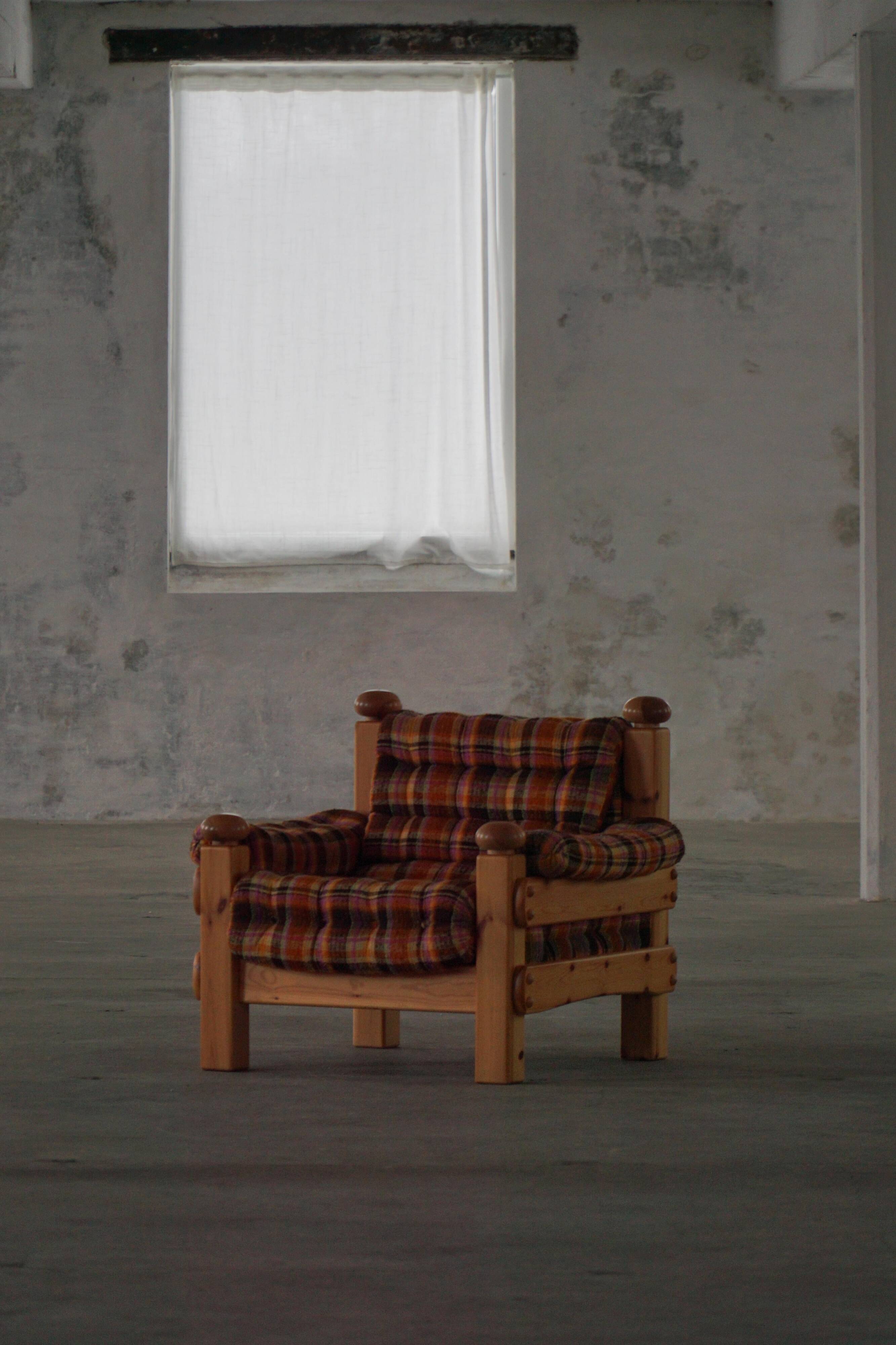Brutalist lounge chair in solid pine, Swedish modern, made in the 1970s.