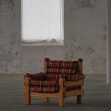 Brutalist lounge chair in solid pine, Swedish modern, made in the 1970s.