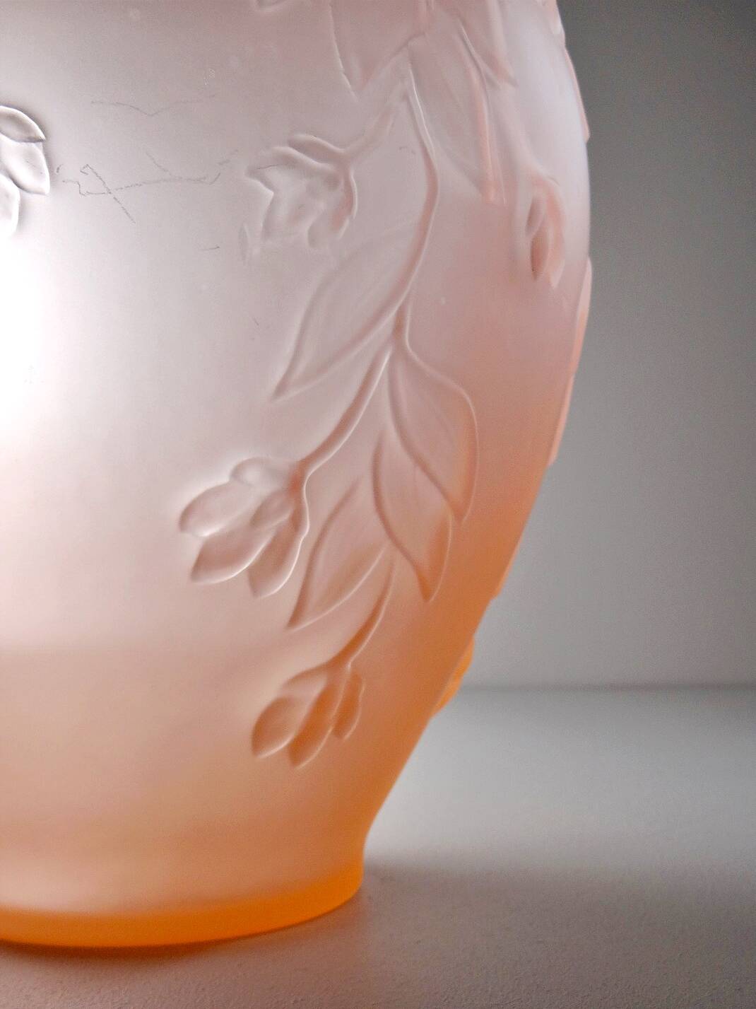 Large art deco style vase in molded/pressed pink glass paste
