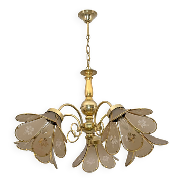 Lustre italien moderne du milieu du siècle en verre et laiton, années 1960