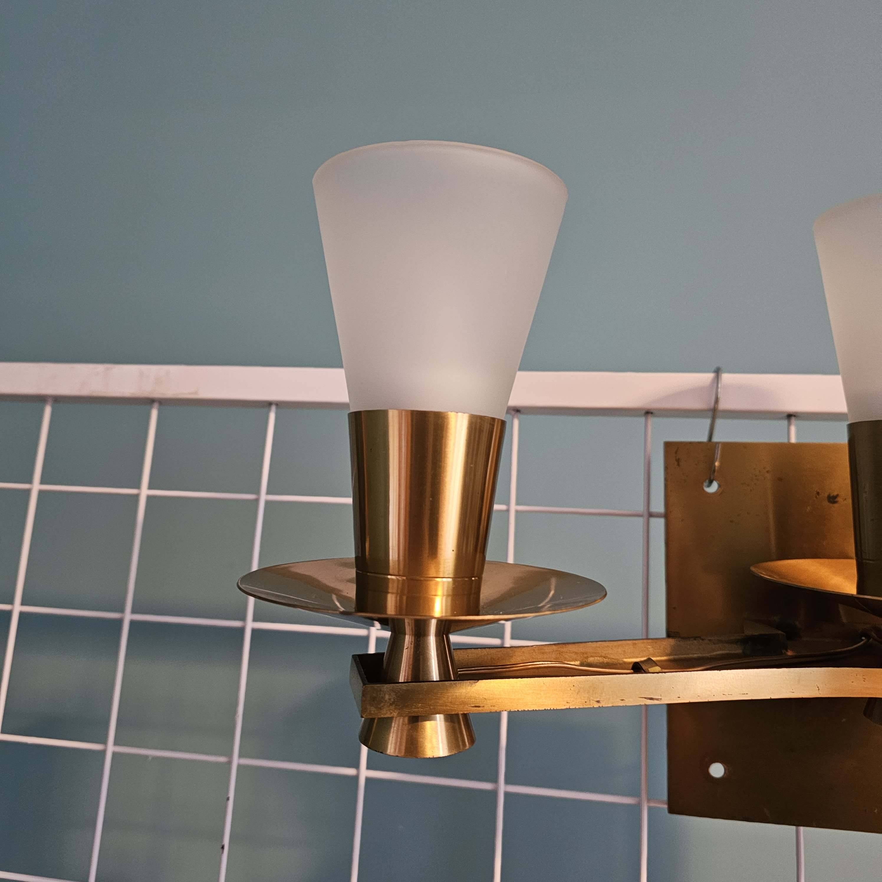 Maison cheret, pair of 3-light wall lights in ronze, brass and glass, circa 1950/1960