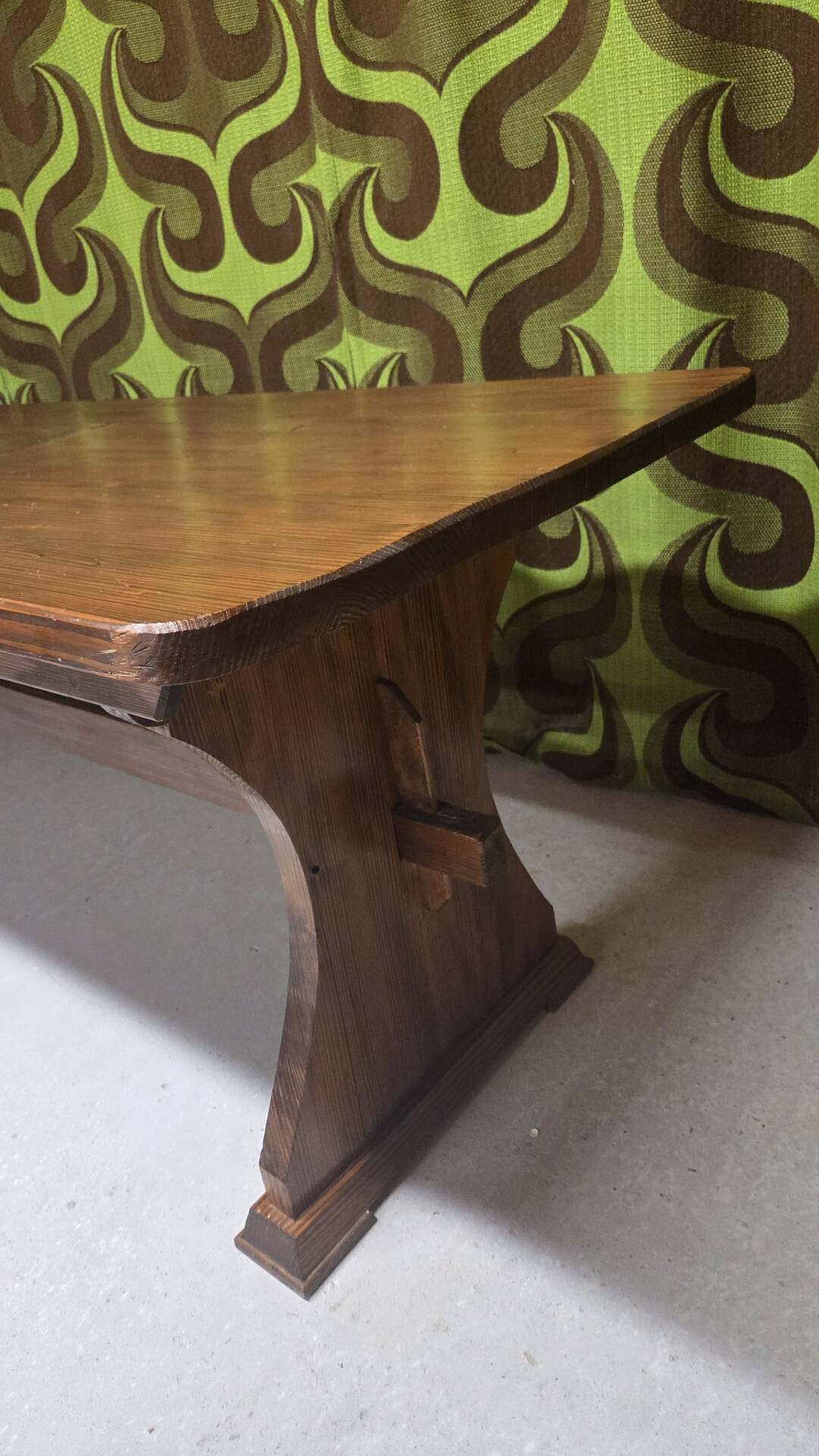 Large vintage table in solid pine, rustic brutalist, 70"