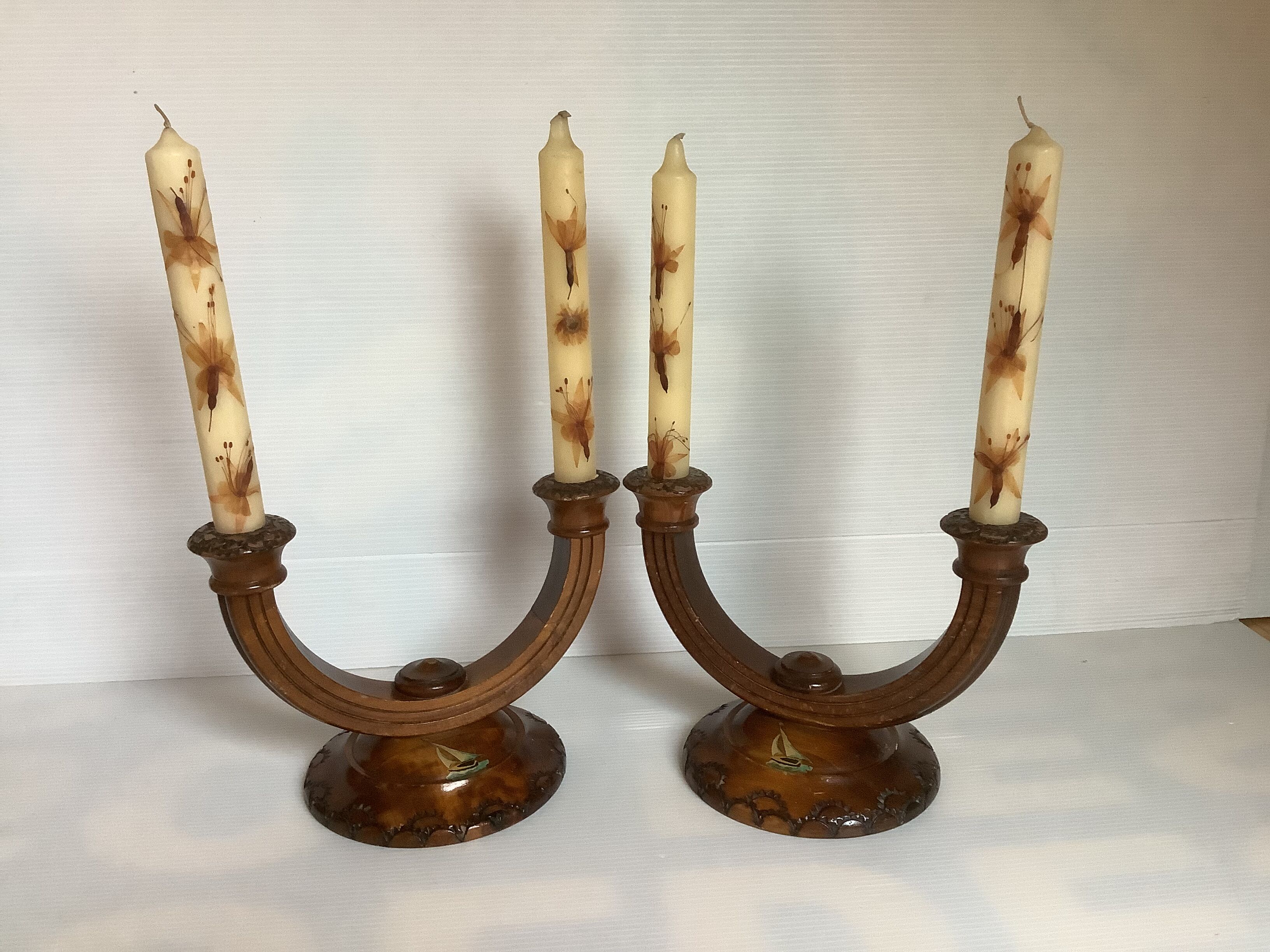 Old pair of brutalist wooden candlesticks dried flower candles
