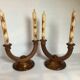 Old pair of brutalist wooden candlesticks dried flower candles