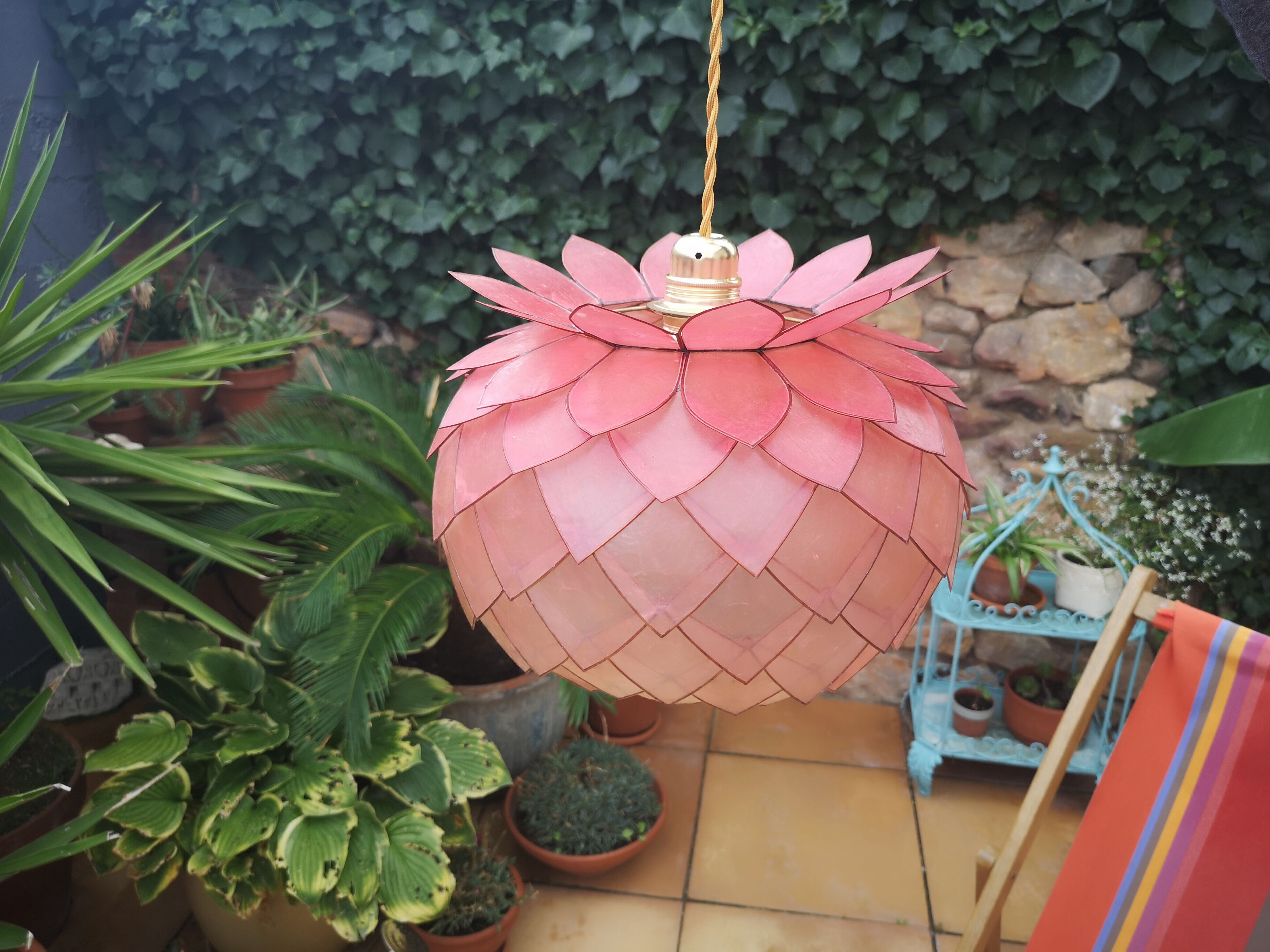 Vintage hanging lamp mother-of-pearl lotus flower and rose-degrading brass