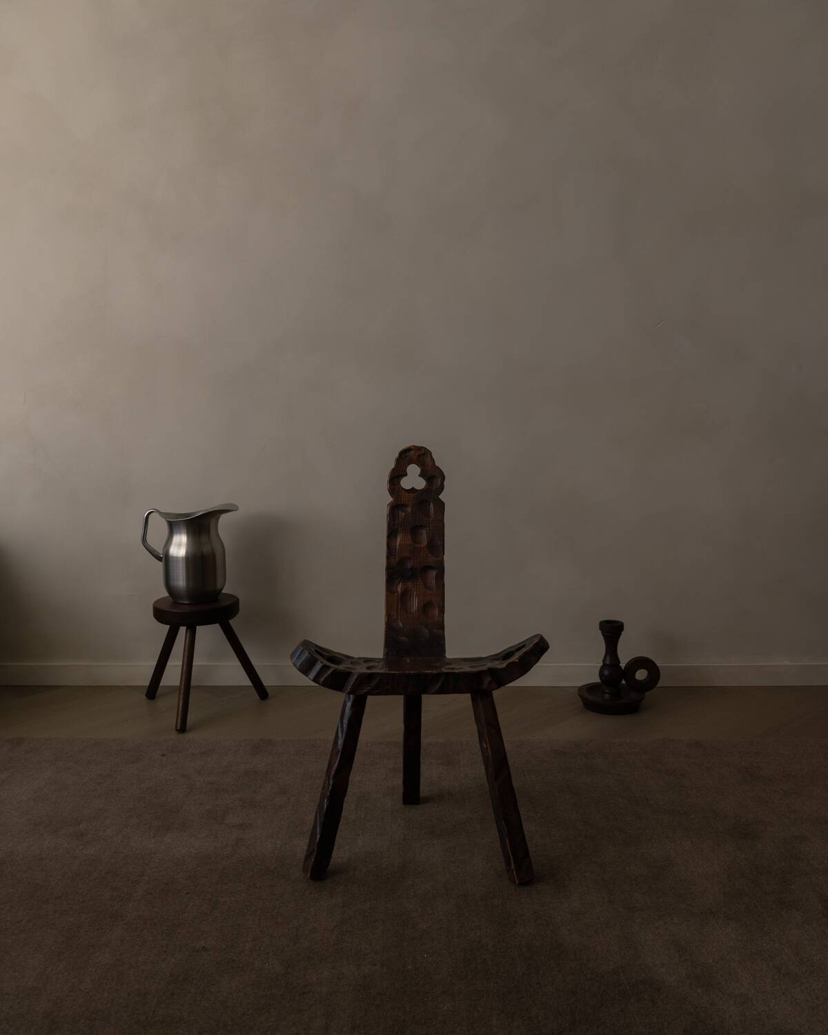 Spanish brutalist tripod chair in carved solid wood