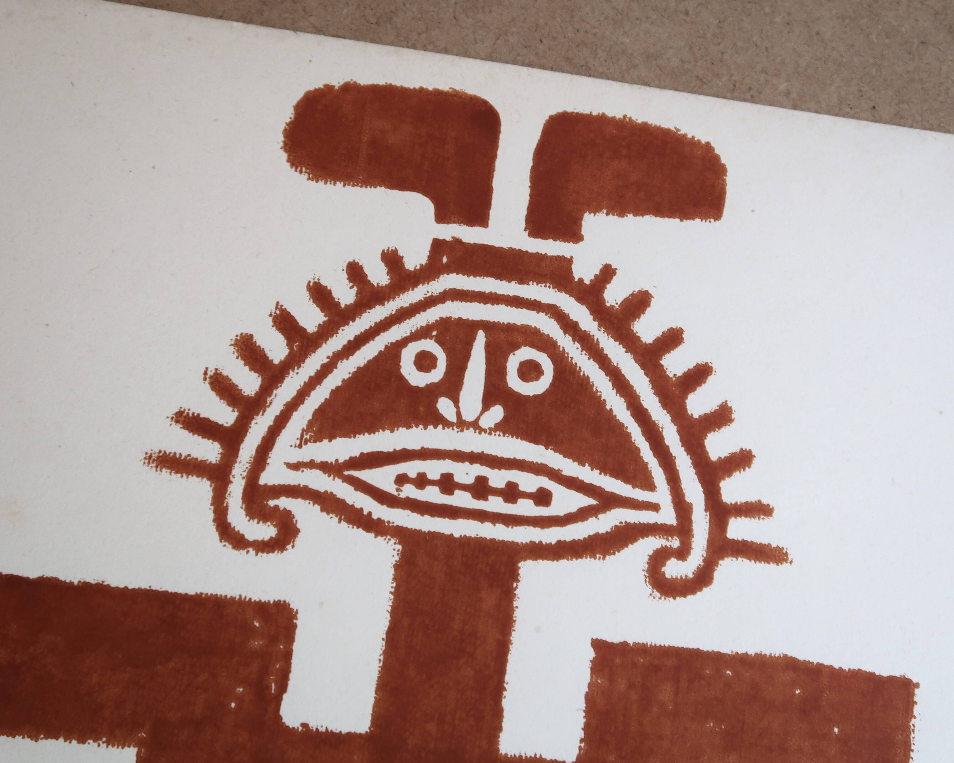 Original Pre-Columbian print, Aztecs Colombia folk 60s