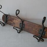 Old wall coat rack 3 metal hooks on wood deco retro entrance hall