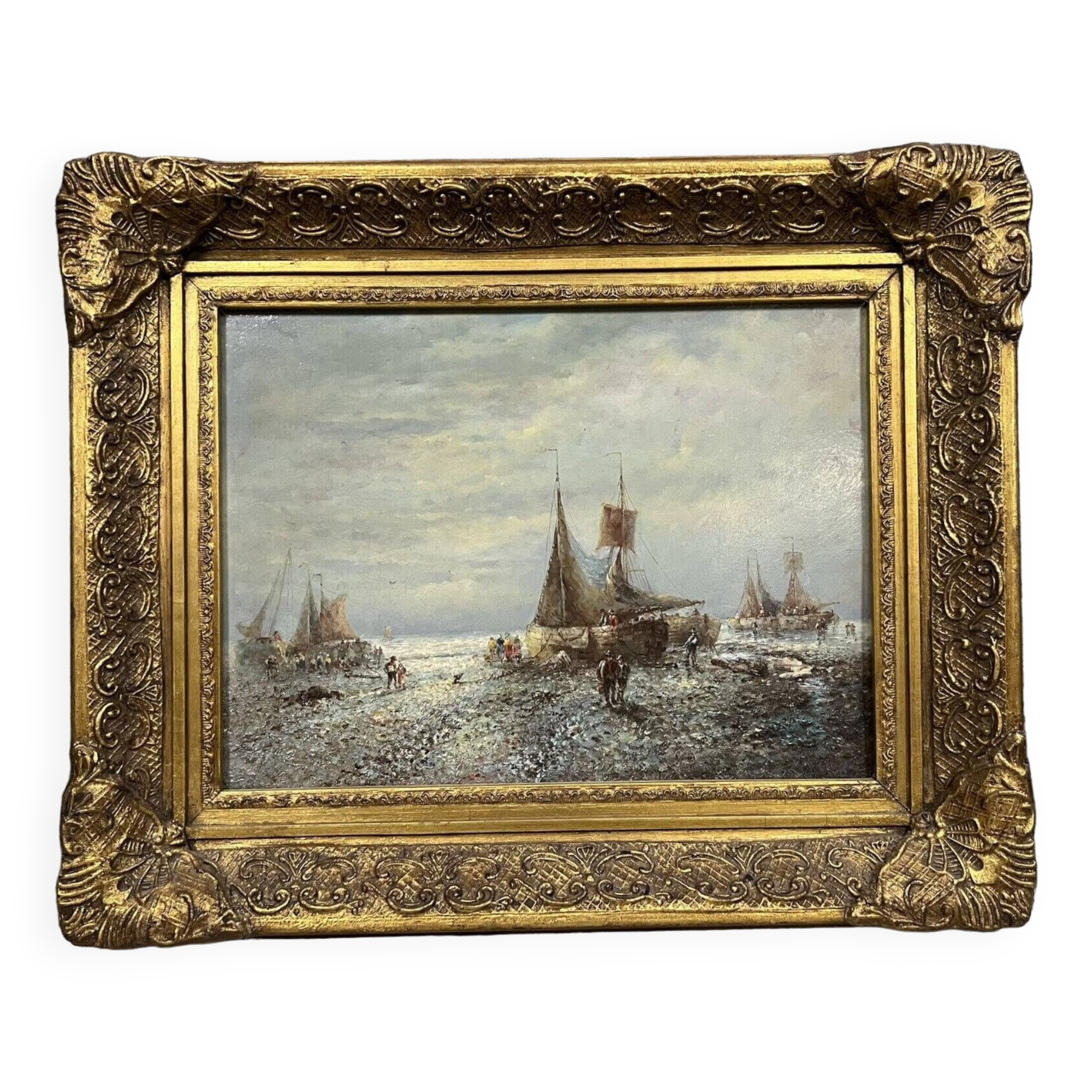 Tableau vintage figurant une vue animée a marée basse