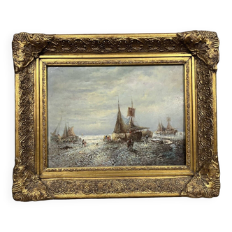 Vintage painting depicting an animated view at low tide