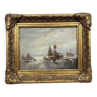 Tableau vintage figurant une vue animée a marée basse