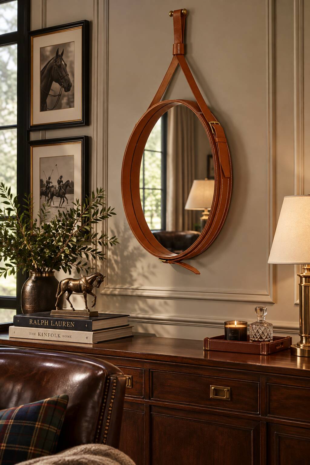 Handmade mirror in J. Adnet style, made of vegetable-tanned leather in tan colour, ø 45 cm.