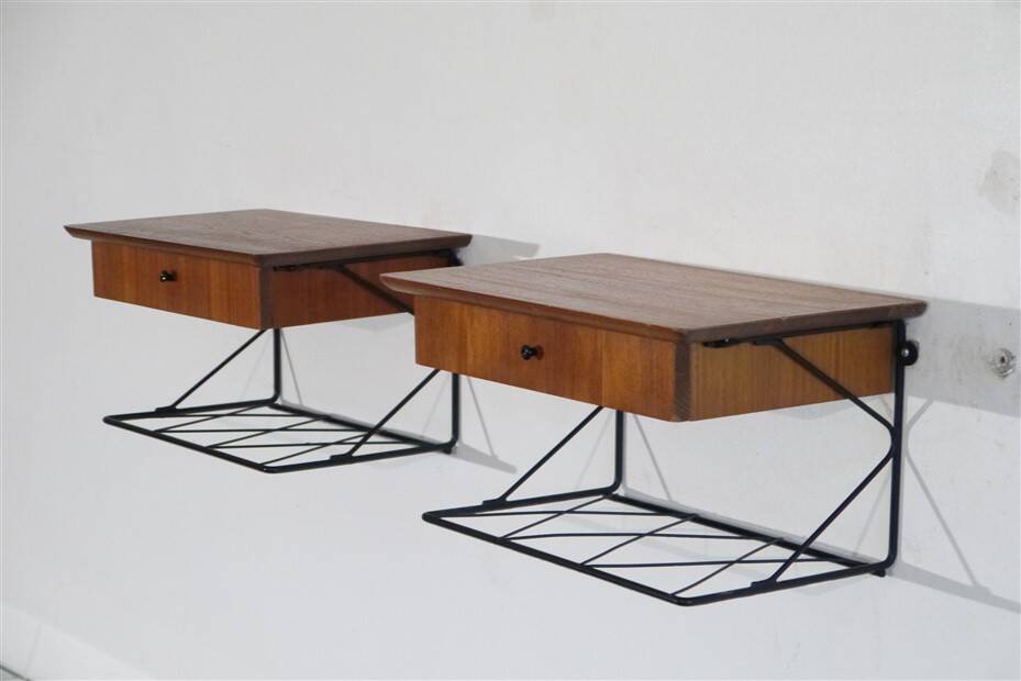 Pair of hanging teak bedside tables, 1960s