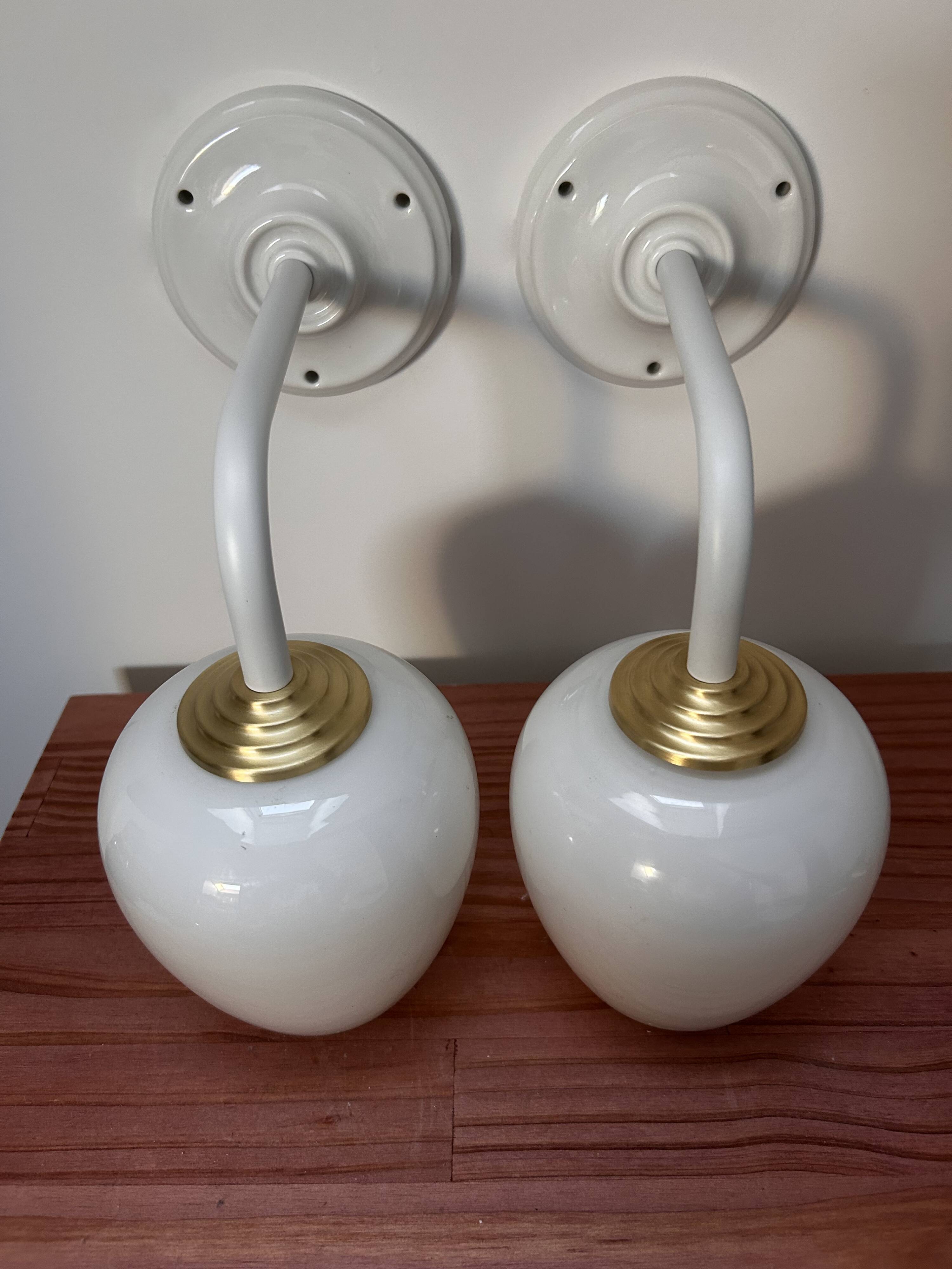 Pair of vintage white opaline wall lights