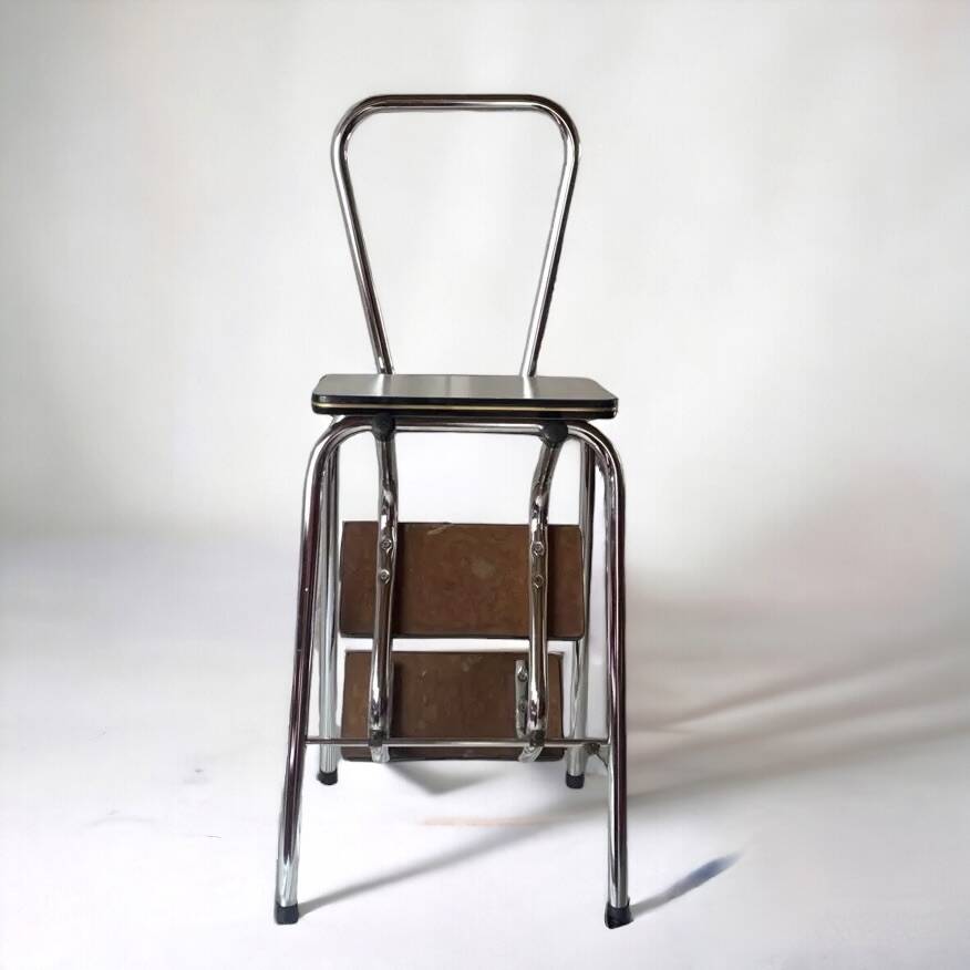 Vintage stepladder in Formica, wood and chromed metal