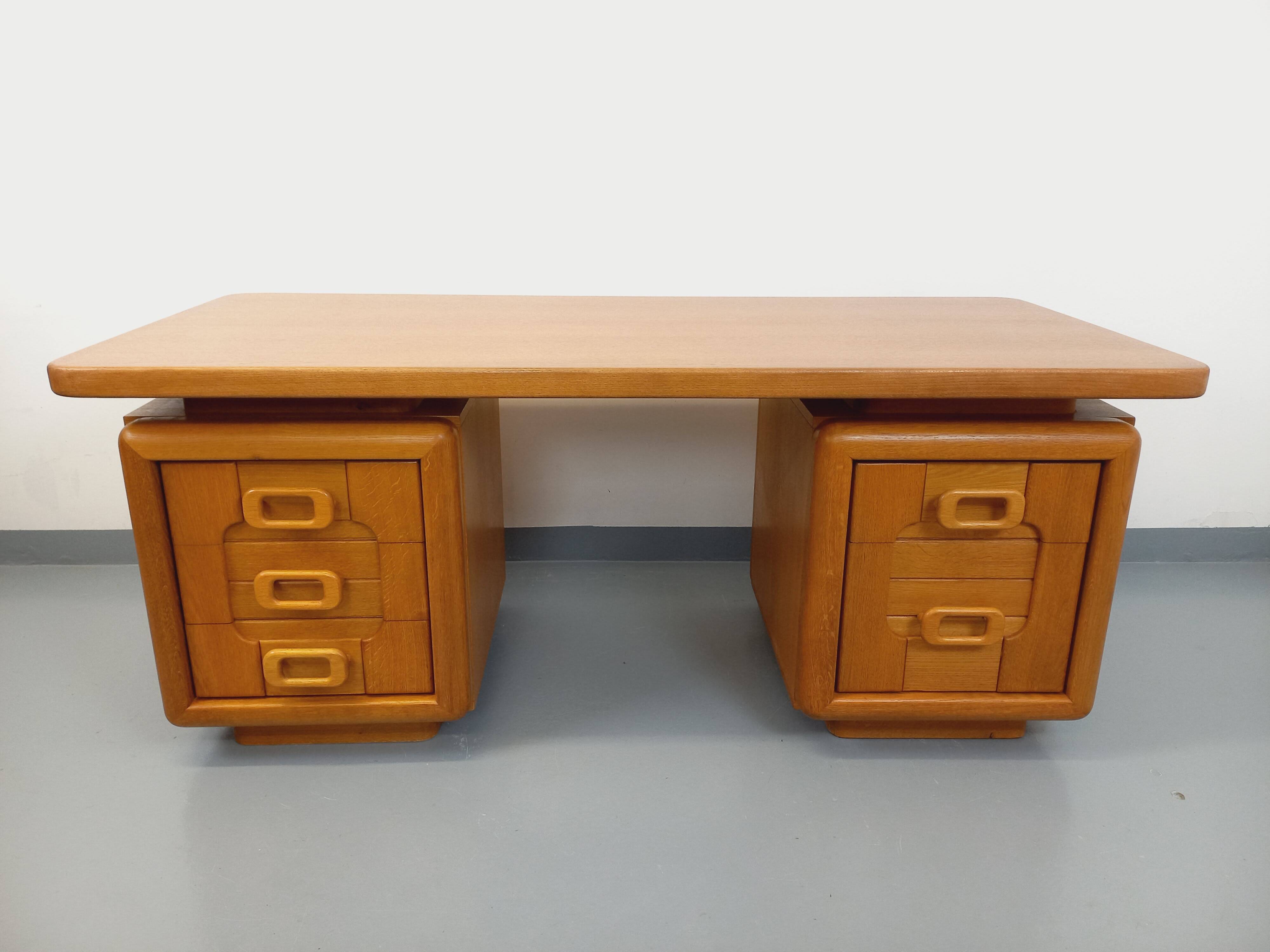Large vintage double-sided executive desk in oak wood from the 70s
