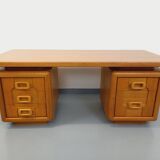 Grand bureau de direction double-face vintage en bois de chêne années 70