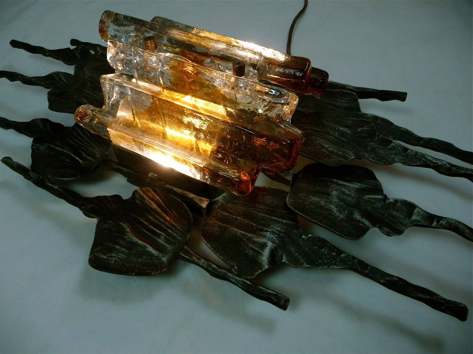 Large brutalist iron & ice Murano glass sconce / wall lamp, 1960s