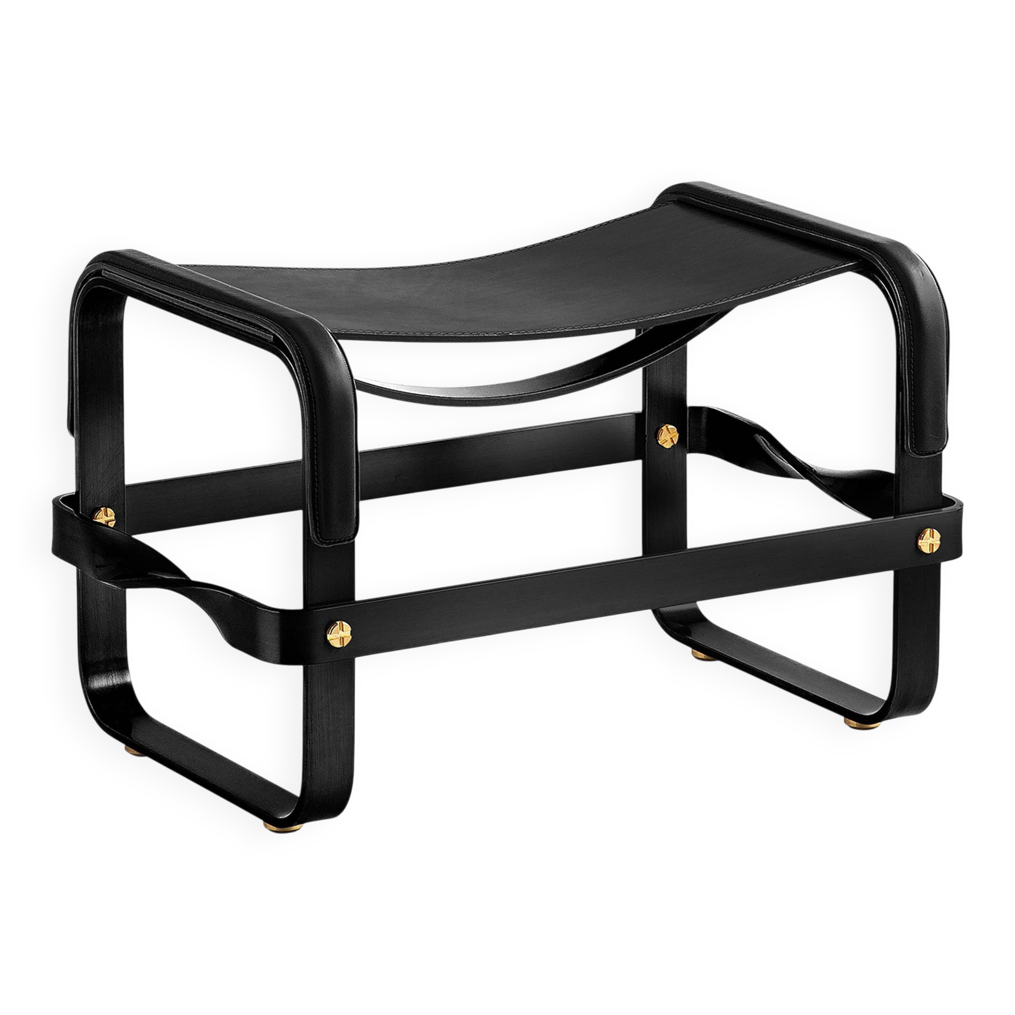 Black smoked steel and black leather footrest, contemporary style.