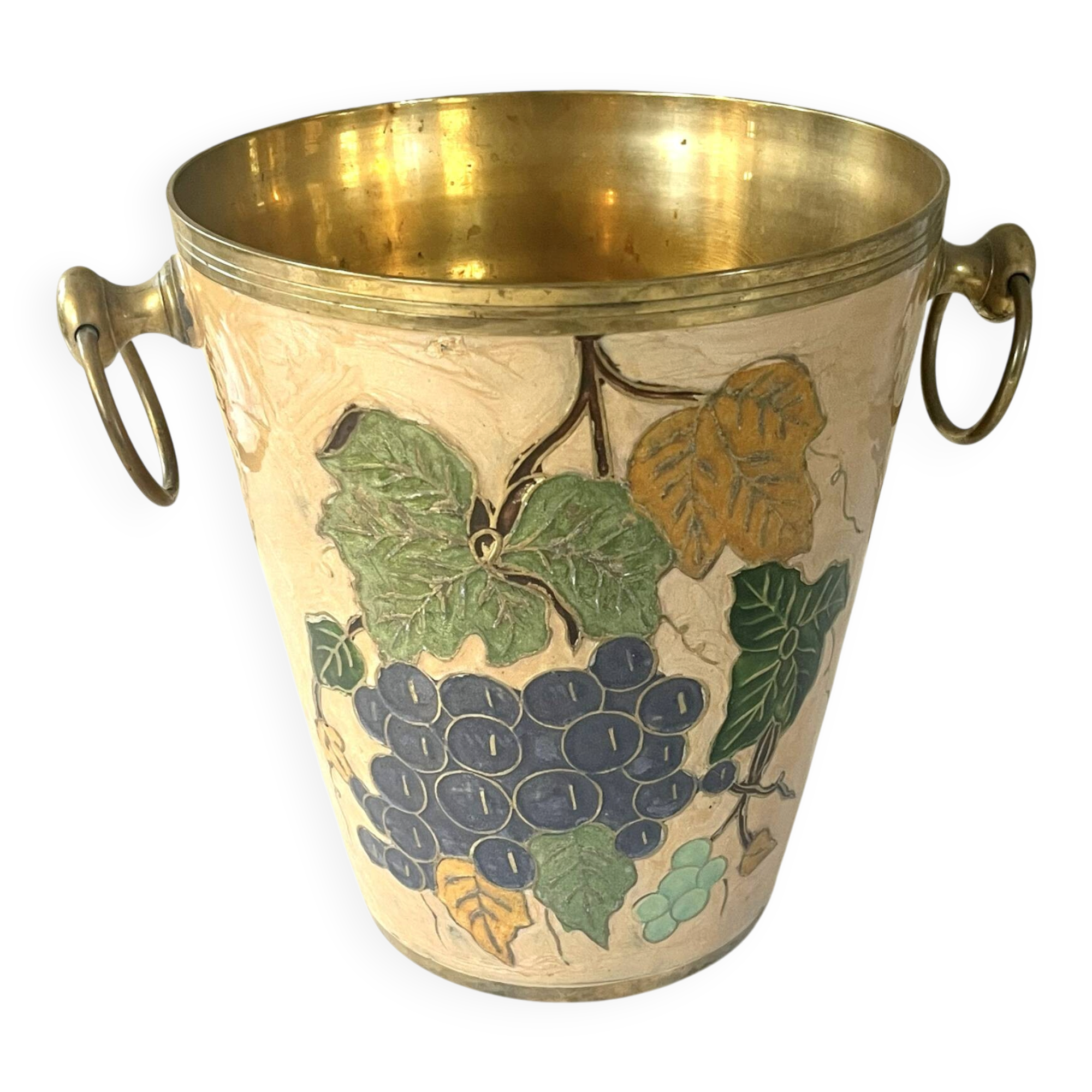 French vintage cloisonne champagne bucket with grape and vine design