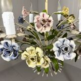 Italian tole chandelier porcelain flowers 1950’s
