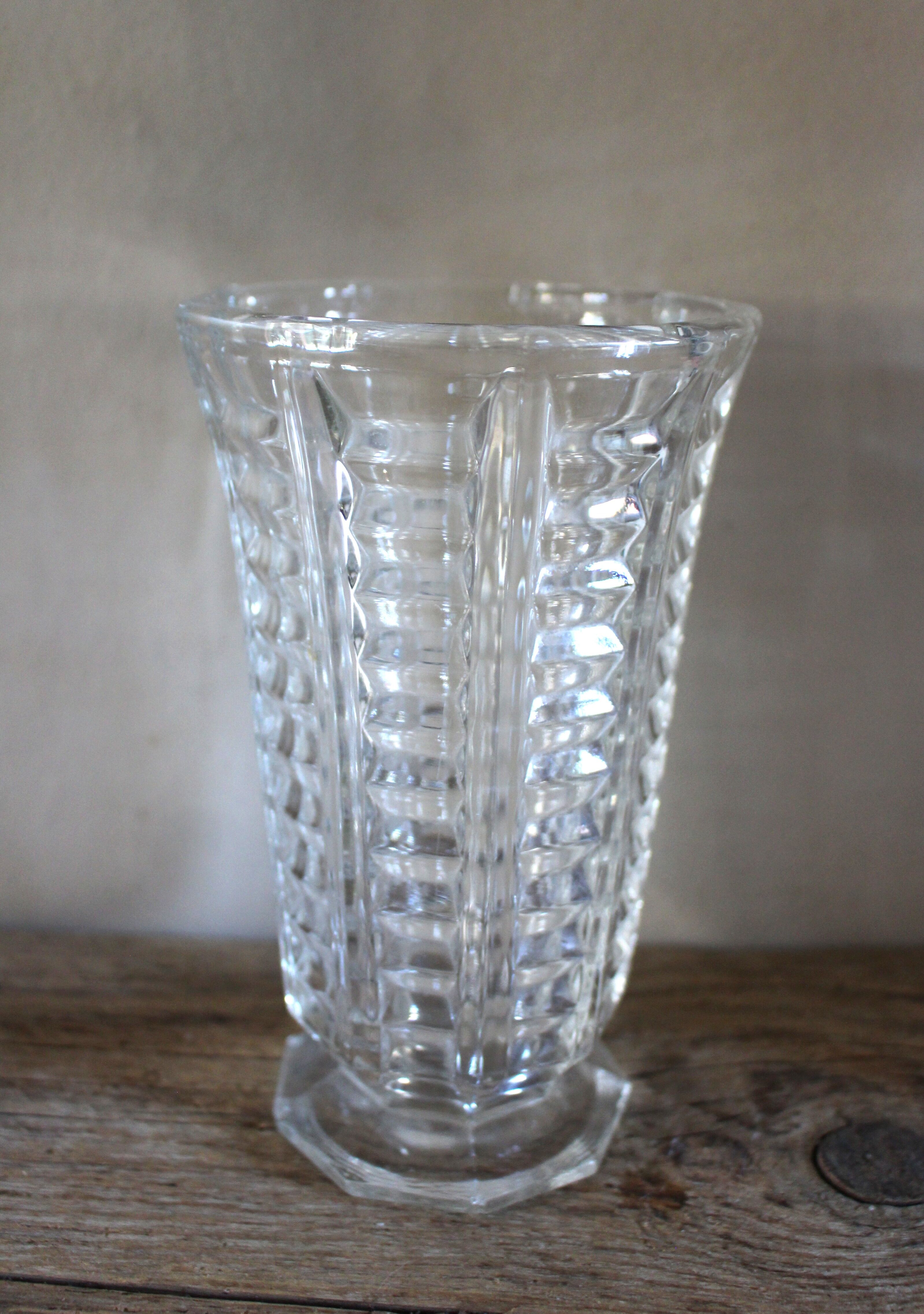 Vintage transparent cut glass pedestal vase
