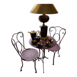 Set of two chairs and wrought iron pedestal table