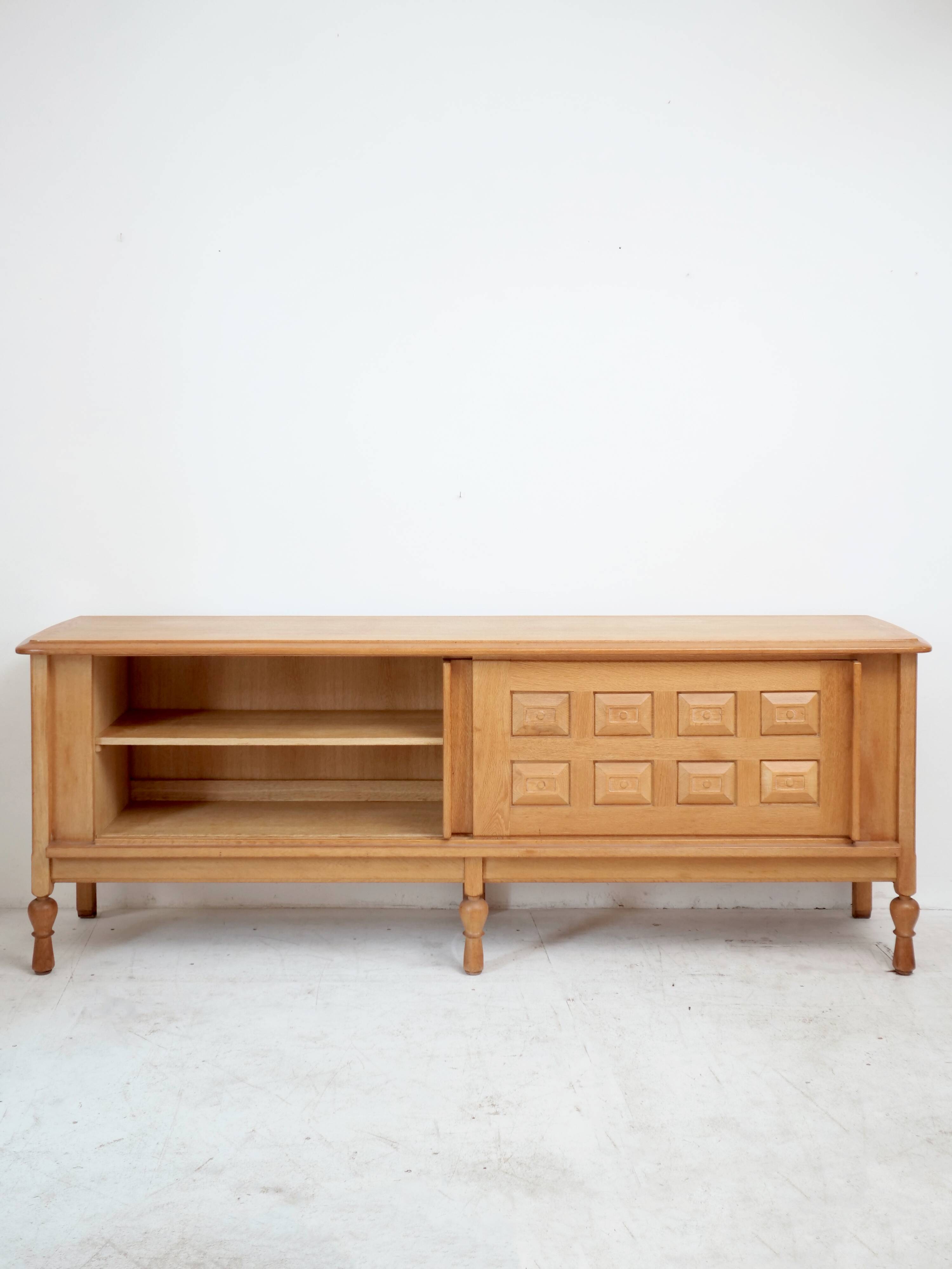 Guillerme and Chambron oak sideboard in light wood in a brutalist style.