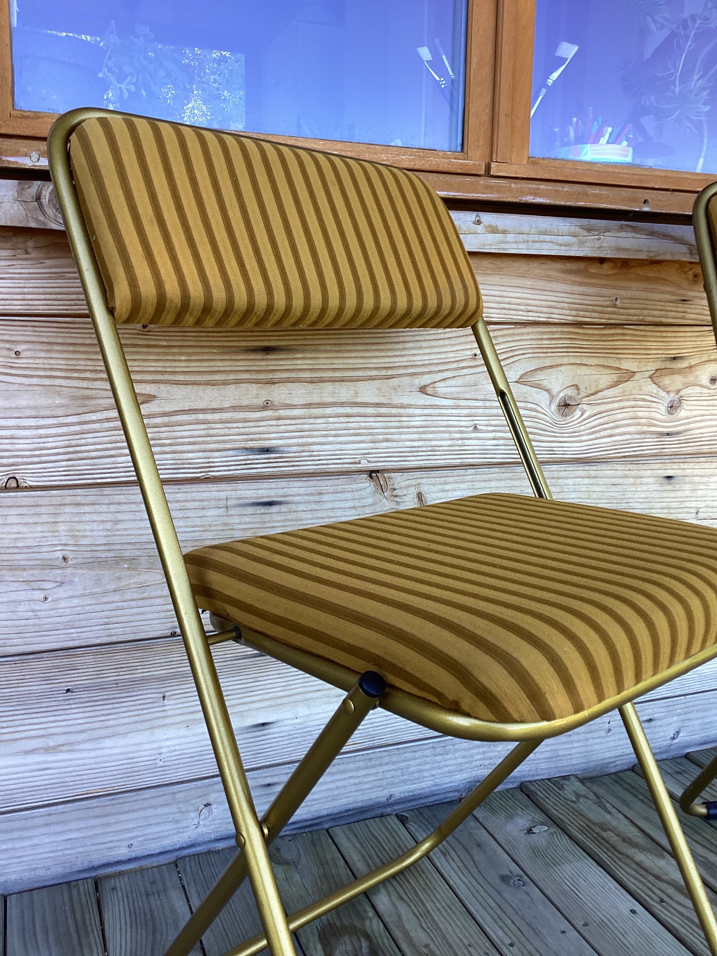 Vintage lafuma folding chair with striped gold fabric