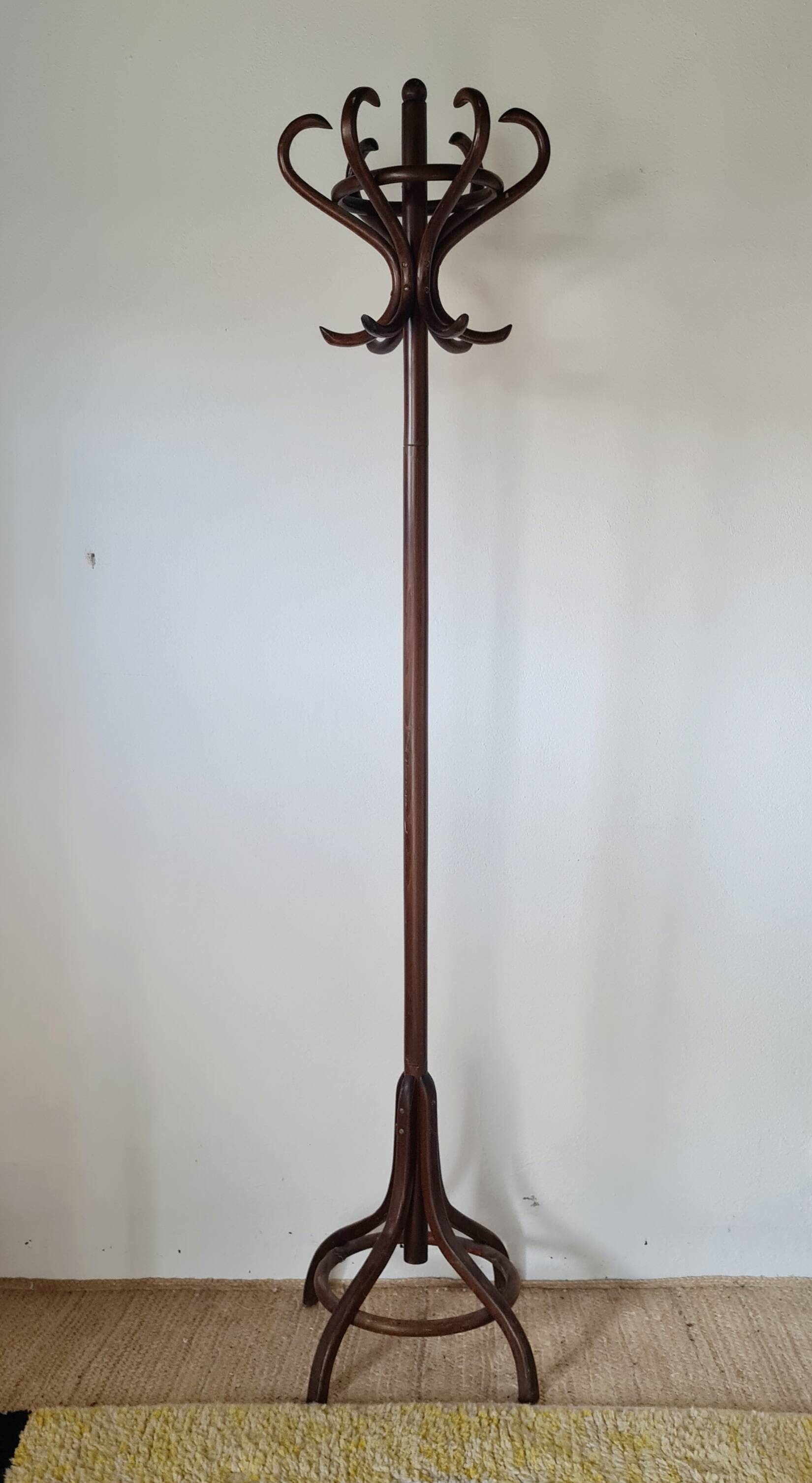 Antique curved wooden coat rack in the Thonet style, 1875.