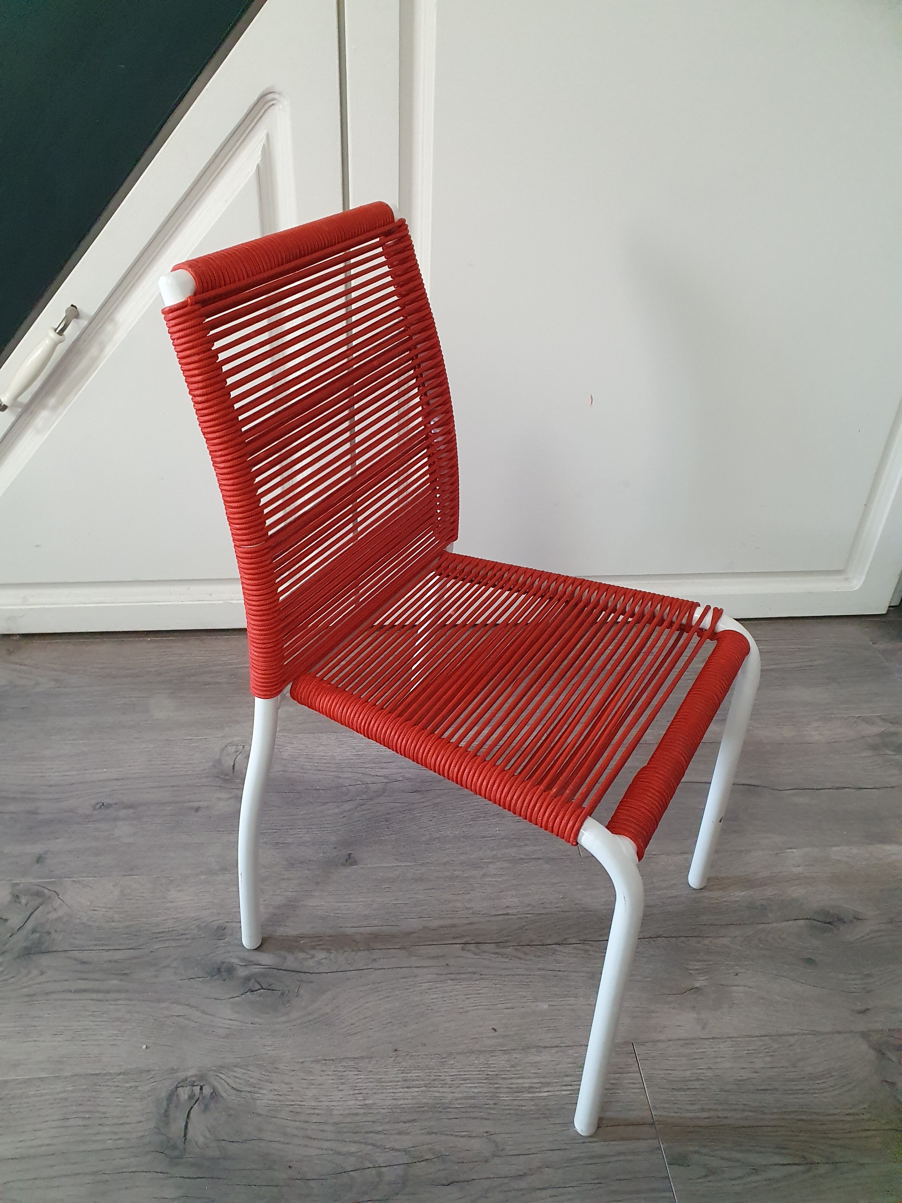 Vintage children's chair in white matel (some splinters of paint) with red scoubidou rope year 70
