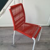 Vintage children's chair in white matel (some splinters of paint) with red scoubidou rope year 70