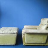 Patchwork leather olive green lounge chair and ottoman by Laauser, 1970s