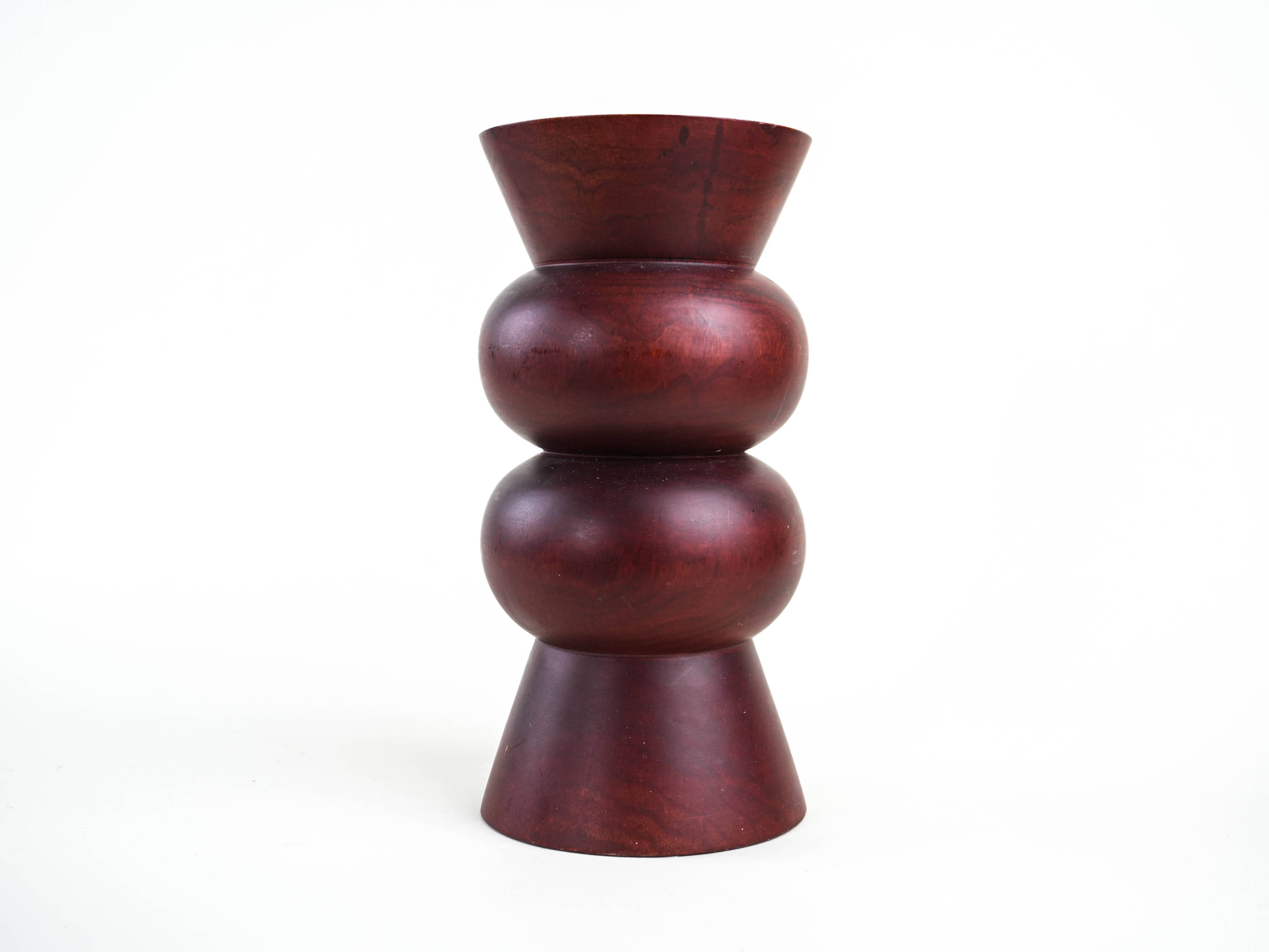 Turned wooden vase in segmented technique, burgundy, Danish, 1970s