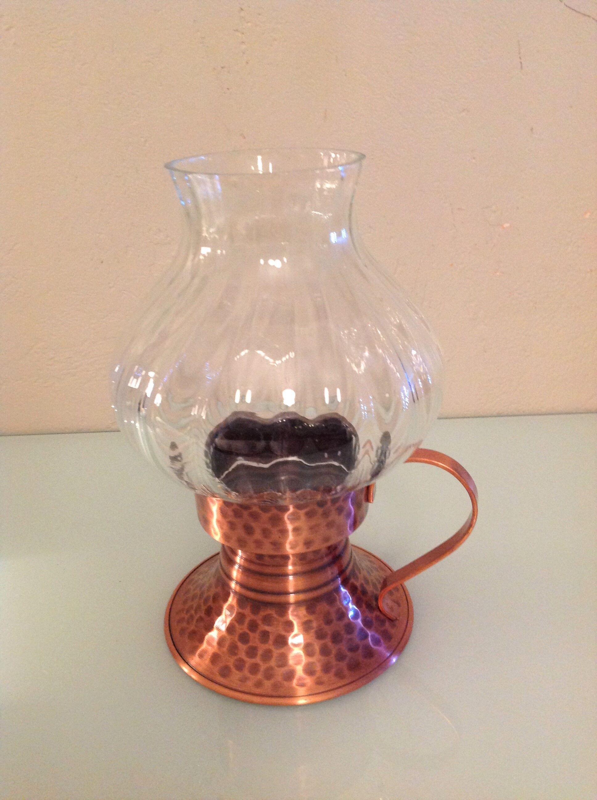Hammered red copper candle holder and glass/vintage 60s/70s