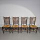 Ensemble de 4 chaises de salle à manger en chêne, rustiques, de ferme, à dossier en échelle avec sièges en jonc, années 1960