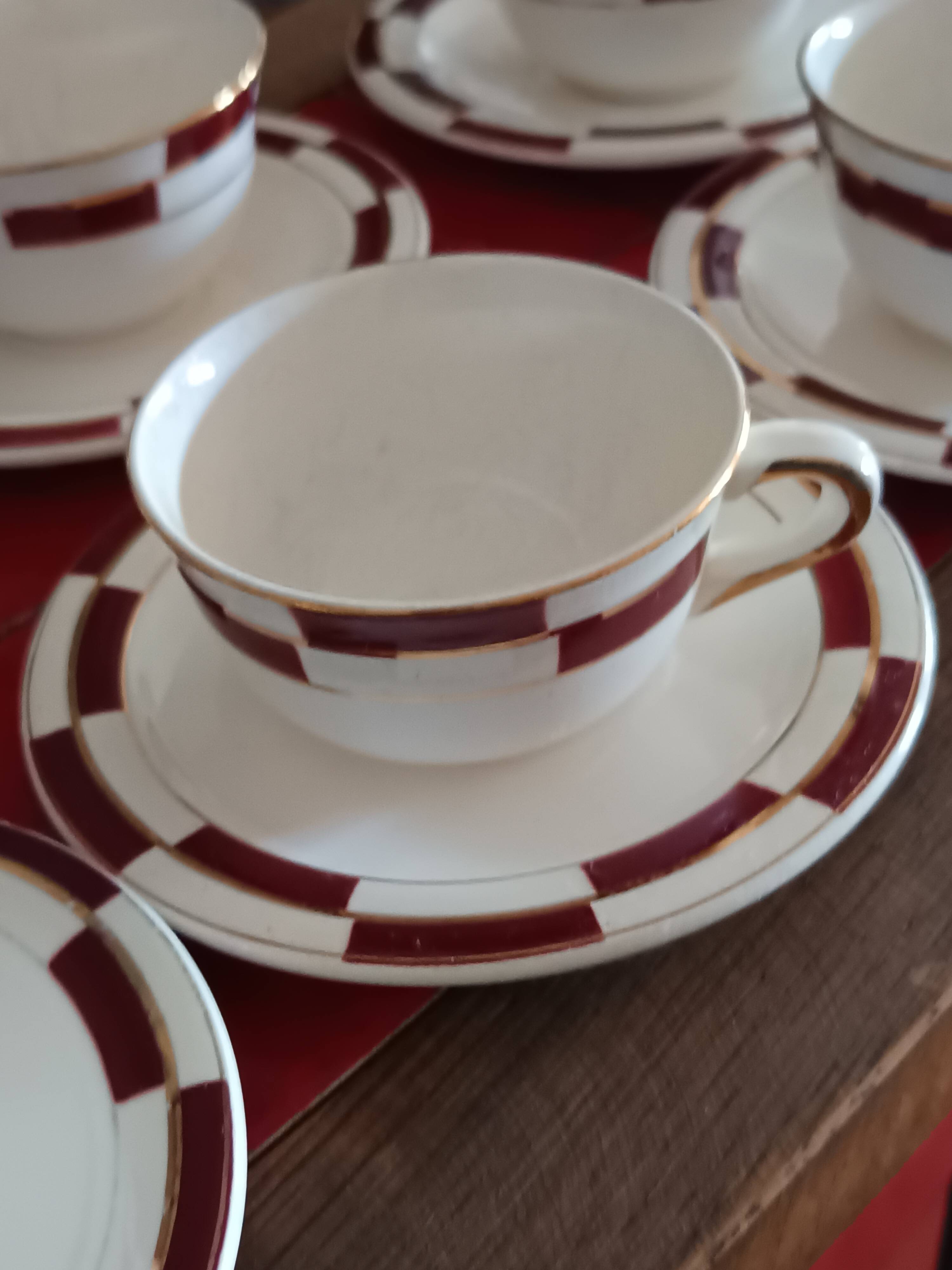 10 vintage coffee cups and 9 saucers, Salins earthenware, 1950