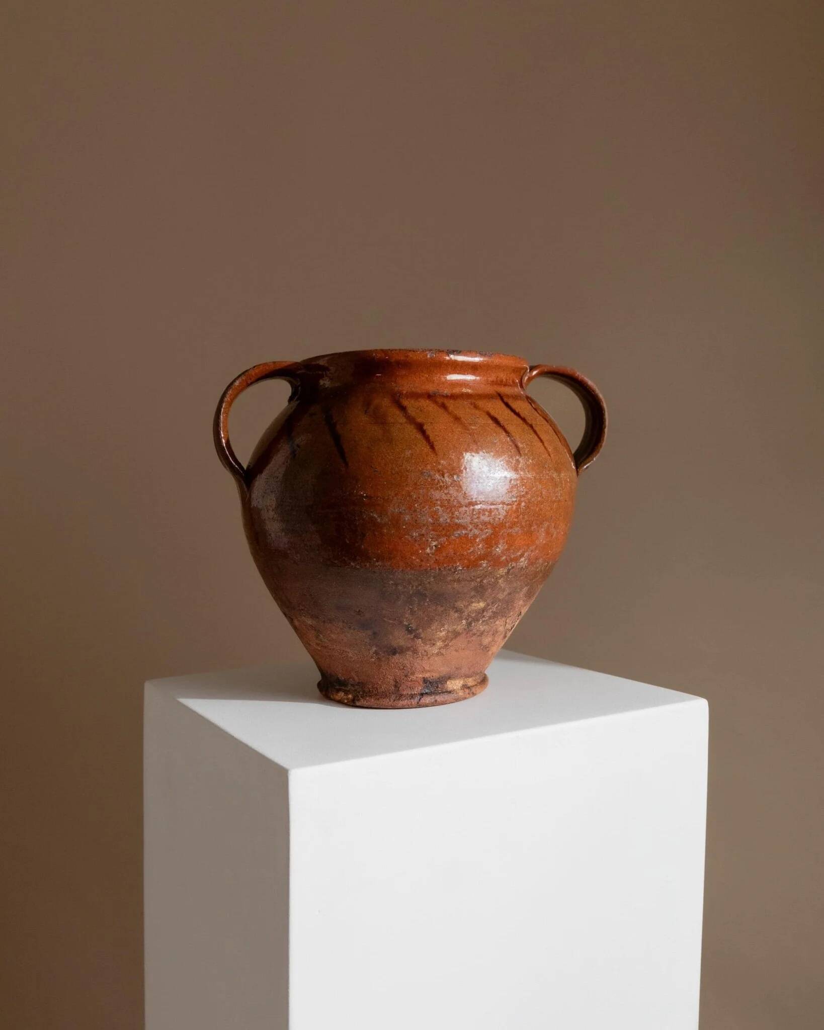 Antique rustic brown terracotta ceramic confit pot with twin handles, 19th-century Italy, farmhouse vase decor