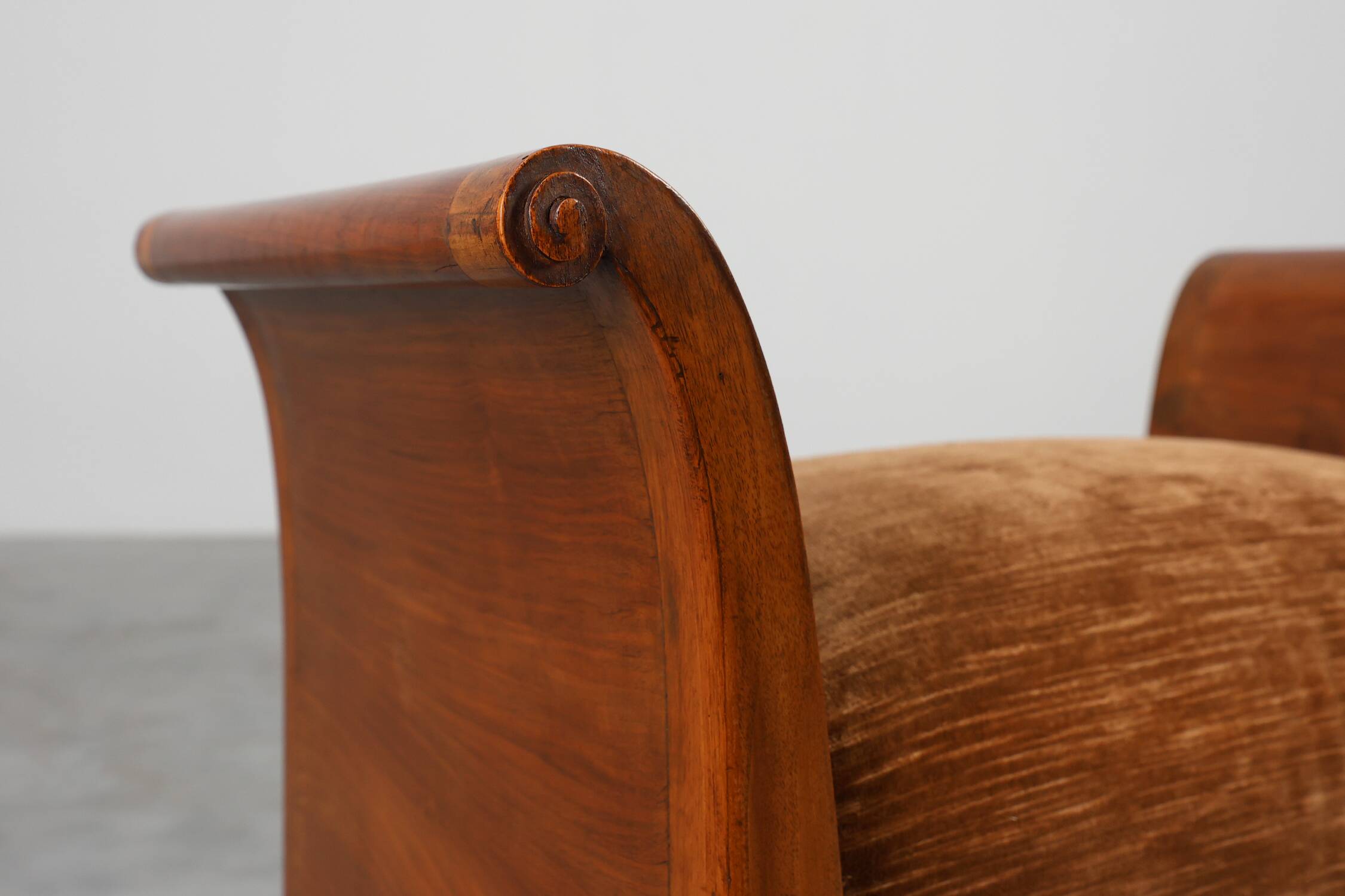 Art Deco Walnut Stool with Original velvet Upholstery, Italy ca. 1920