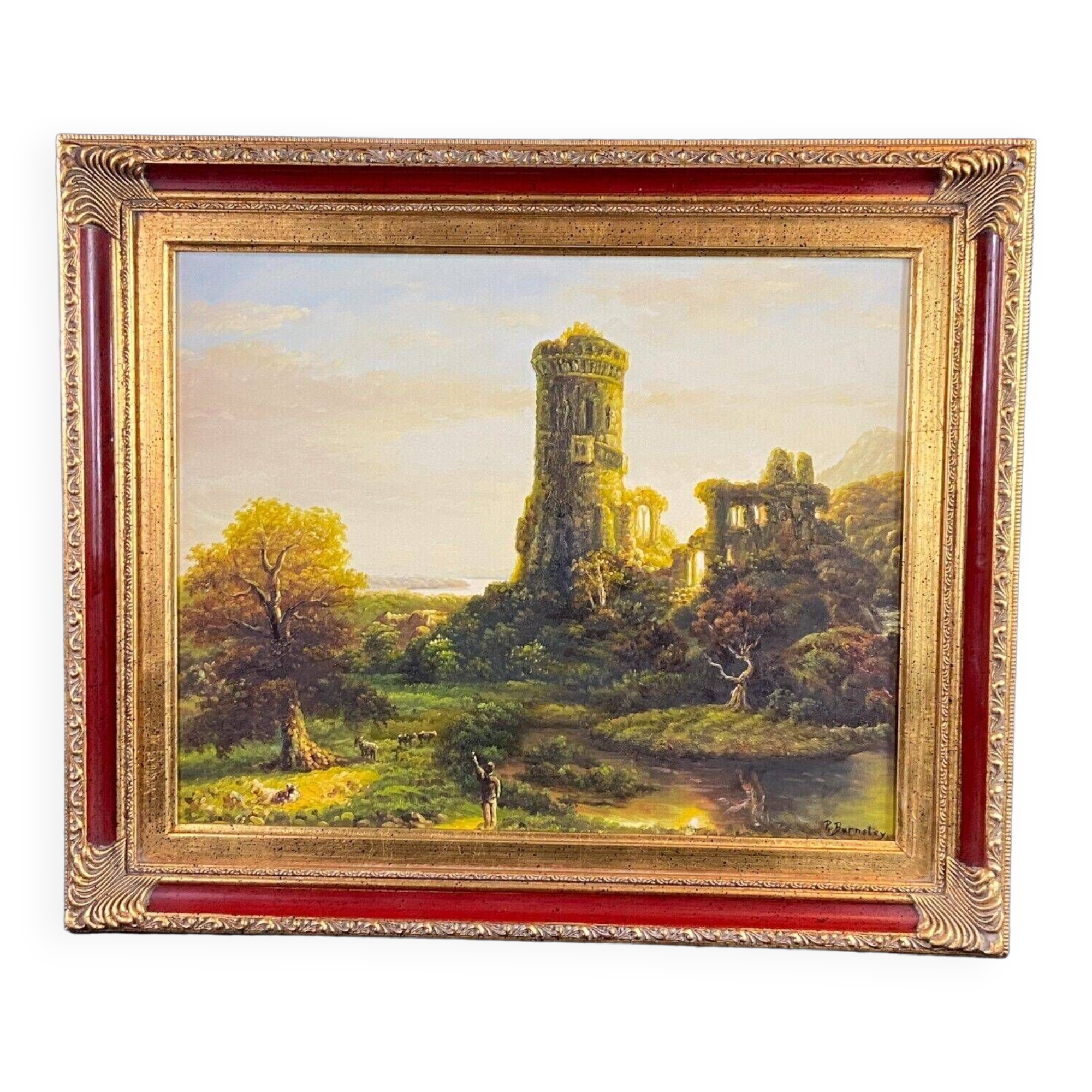 Tableau paysage animé au château en ruine signé Burnsley