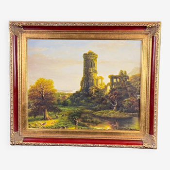 Animated landscape painting with ruined castle signed Burnsley