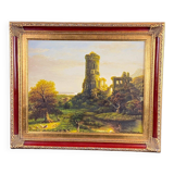 Animated landscape painting with ruined castle signed Burnsley