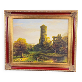 Animated landscape painting with ruined castle signed Burnsley