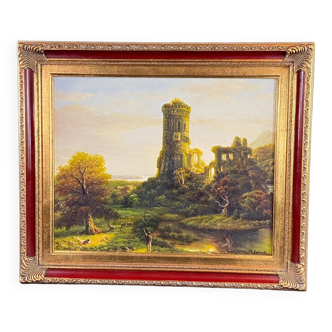 Tableau paysage animé au château en ruine signé Burnsley
