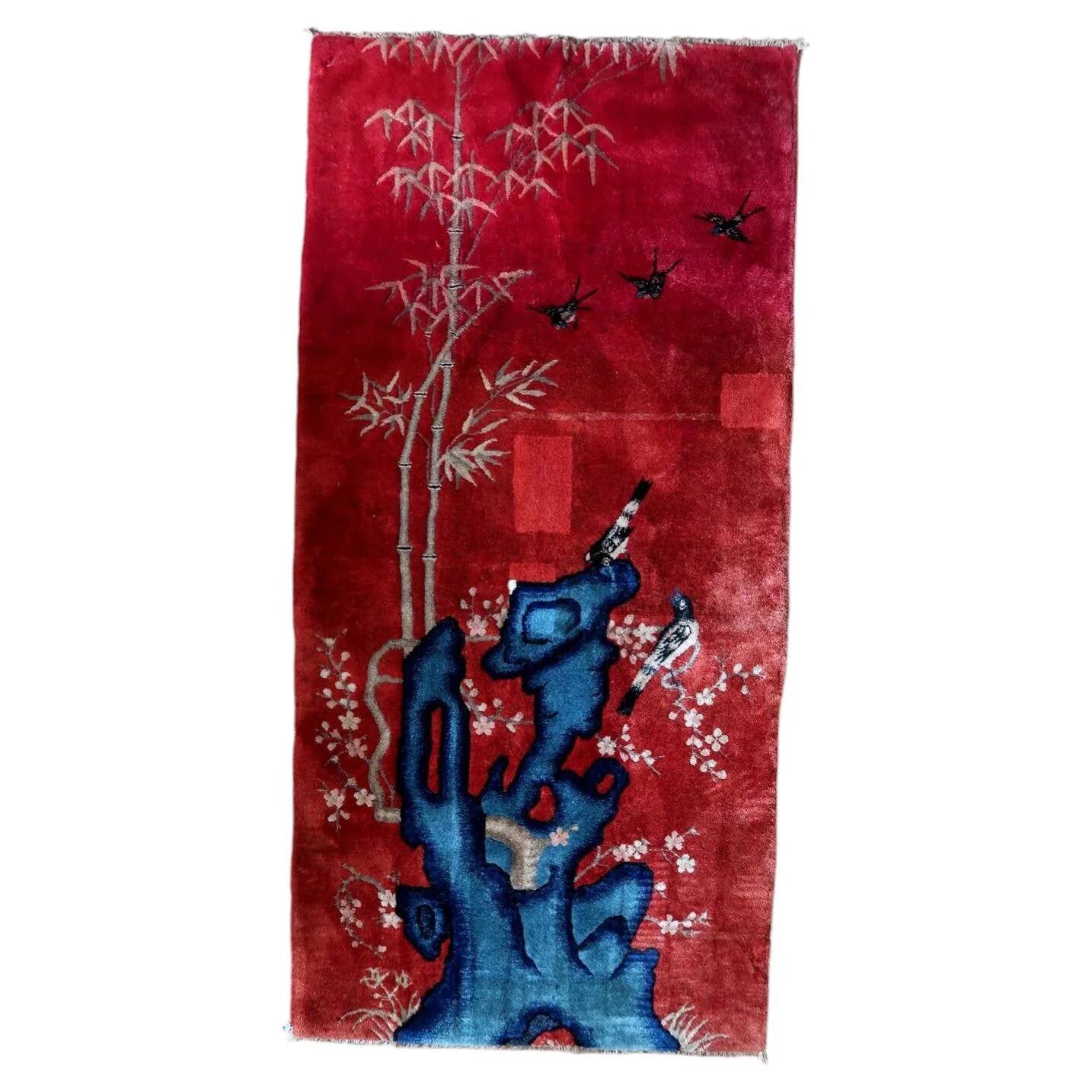 Antique 1920s Chinese Art Deco rug, Birds & Bamboo, 88cm x 184cm