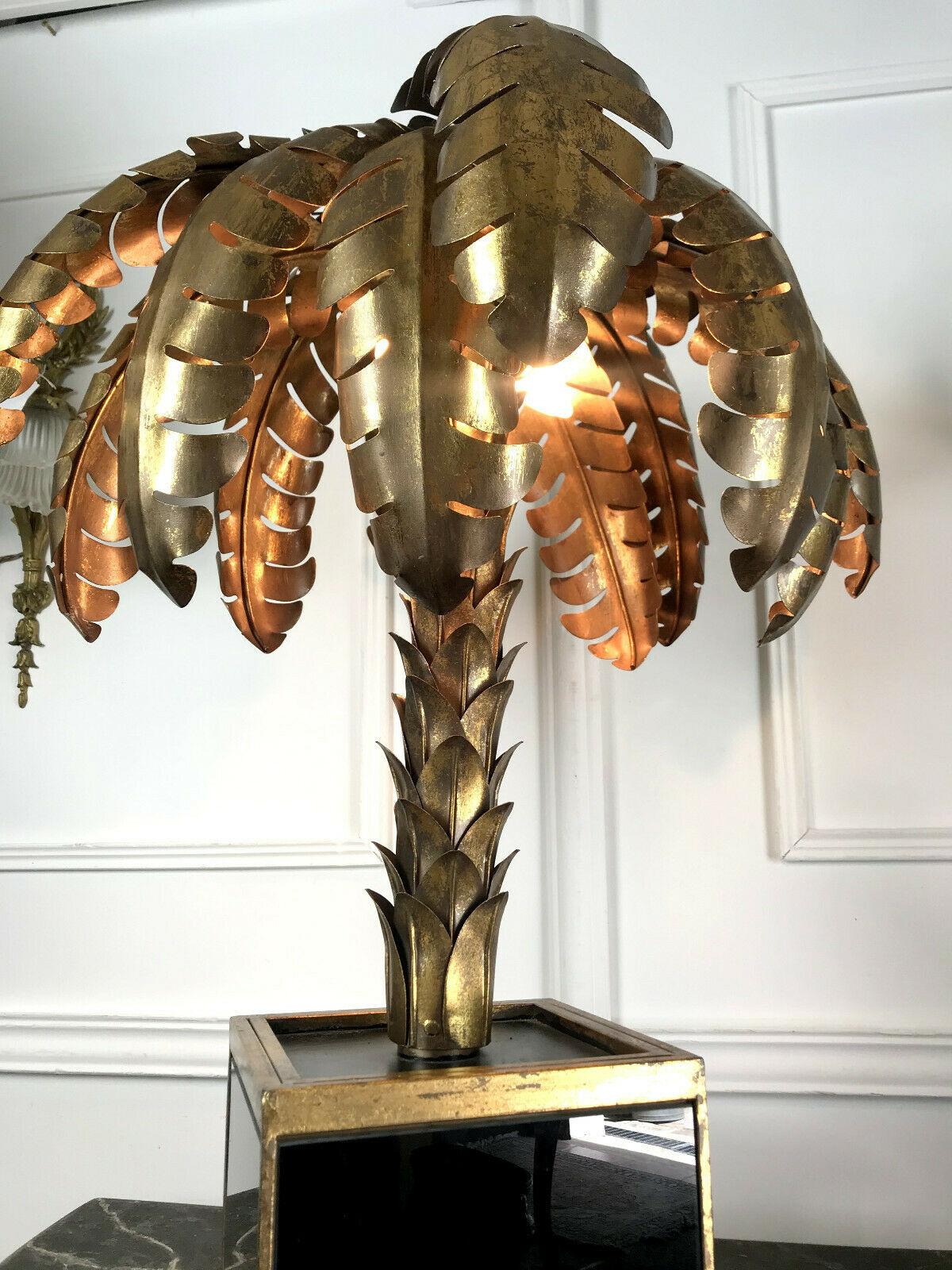 Palm tree table lamp in gilded metal and base in glass plates style year 70