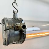 Industrial french polished aluminium hanging tube light, 1970s