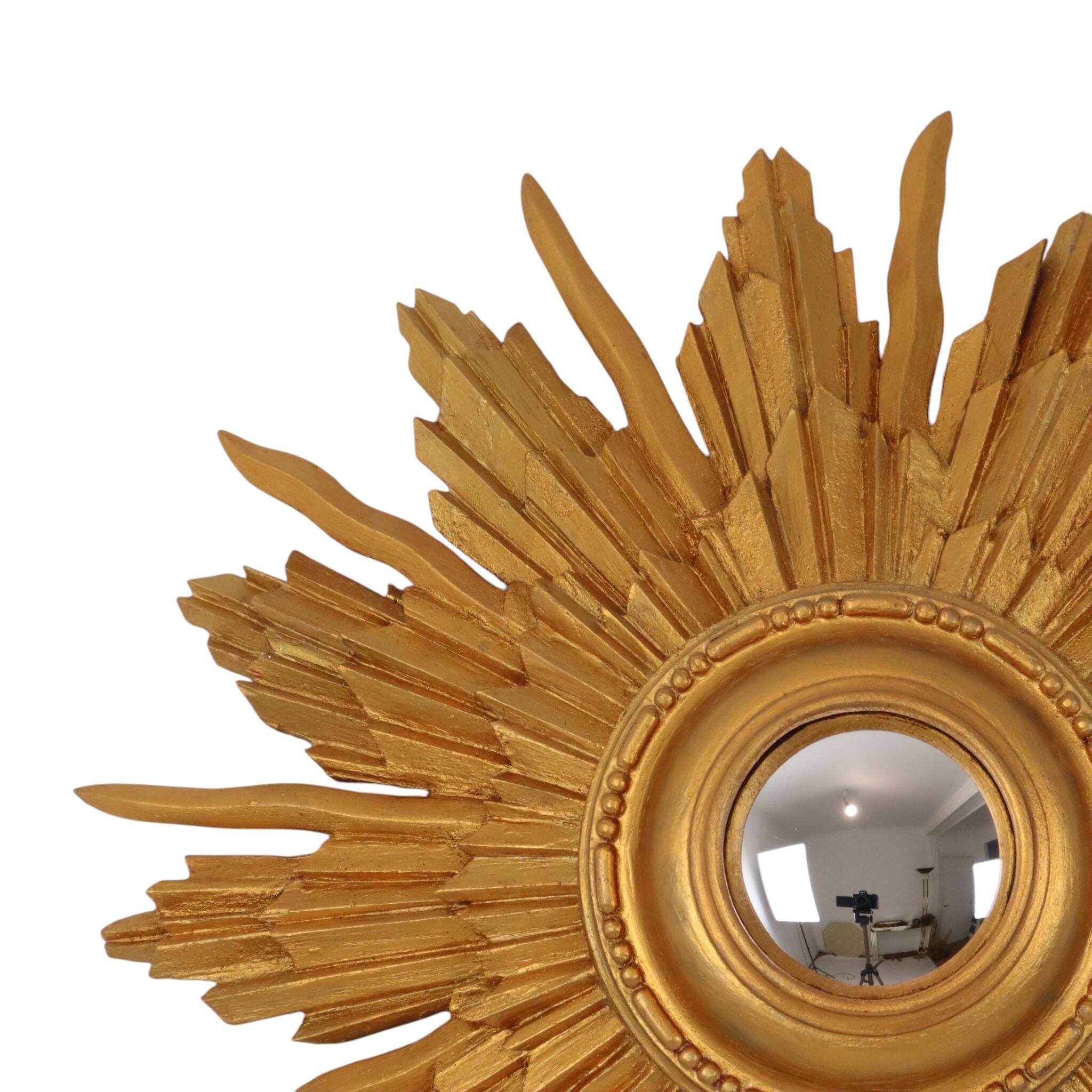 Vintage Wooden Sunburst Convex Mirror, Gold, 46cm