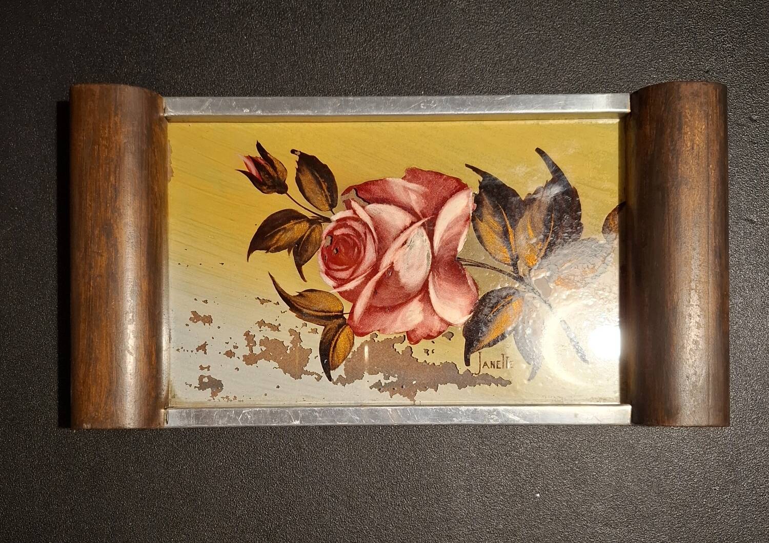 Plateau Art Déco peinture sur verre et bois