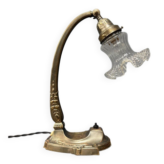 French art nouveau table lamp with transparent glass shade